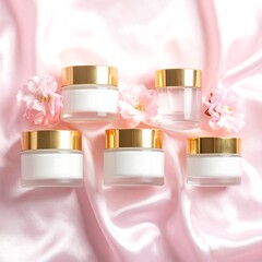 Elegant cream jars on a pink satin background
