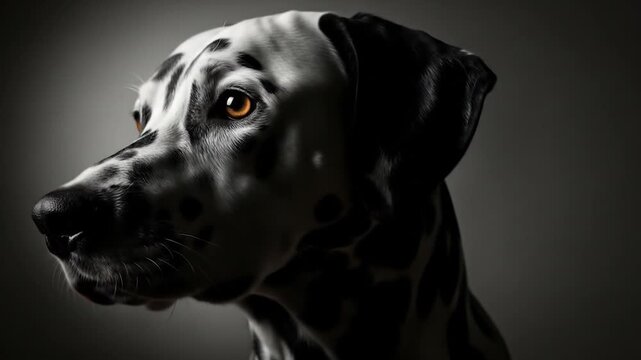 Detailed Close-up of a Majestic Dalmatian Dog's Face with Captivating Amber Eye