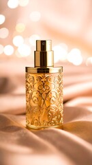 Elegant gold perfume bottle on a soft peach backdrop
