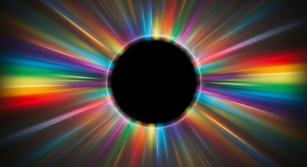 A central black orb radiates brilliant, colorful spectrum light beams in an abstract display.