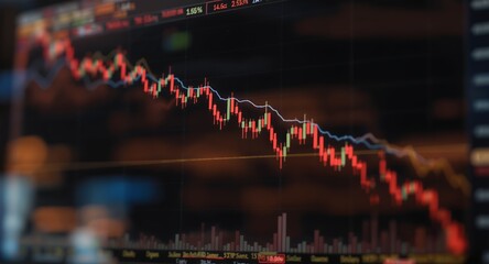 Close-up of a Stock Market Chart Showing a Downturn with Candlestick and Line Graphs on a Screen