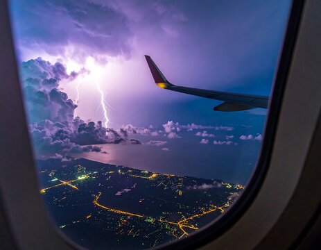 Fototapeta Dramatic lightning storm seen from airplane window