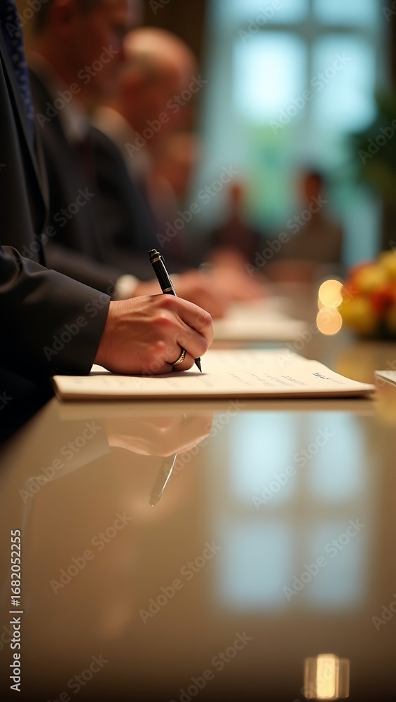 Poster generative ai image: agreement signing underway detailing the agreement document process.