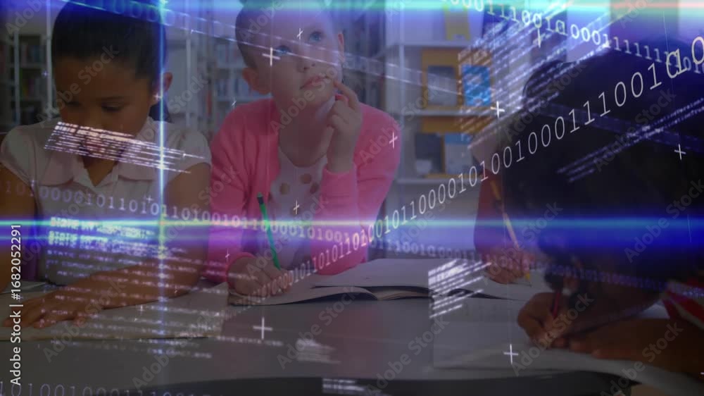 Poster binary code overlay appearing over library table inspiring three elementary students writing notes