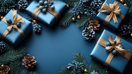 Blue background flat lay, luxury gift boxes. Golden yellow blue ribbons. Holiday Christmas, New Year