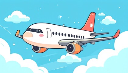 Naklejka premium A cheerful cartoon airplane soars through a light blue sky filled with fluffy clouds, showcasing a simple, delightful design.
