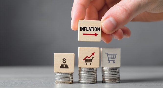 Conceptual Image of Inflation, Rising Prices, and Consumer Spending with Wooden Blocks and Coins - Powered by Adobe