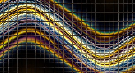 Flowing waves of iridescent, metallic light ripple behind a dark, futuristic grid pattern.