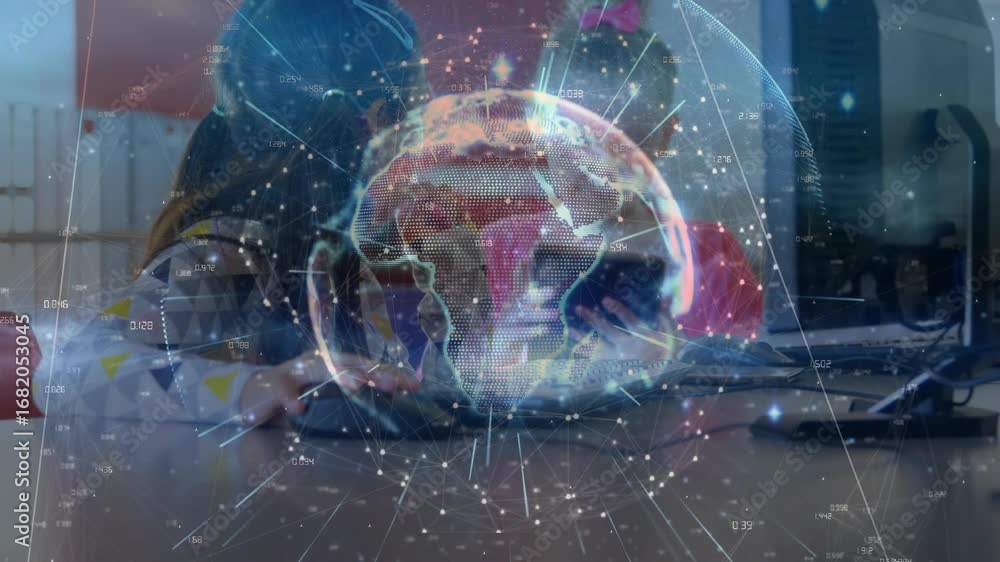 Poster student clicking mouse triggers globe overlay in classroom, peer examining phone and comparing