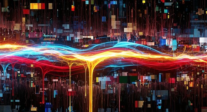 Vibrant streams of red, blue, and yellow light flow across a dark, futuristic digital landscape.