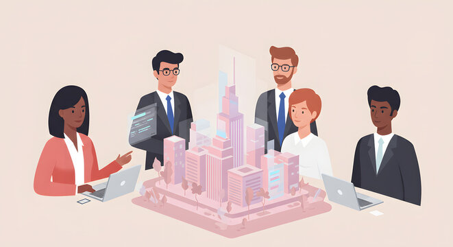 Diverse Team Discussing City Planning and Sustainable Development Projects with a Futuristic Cityscape Model and Innovative Technology Solutions
