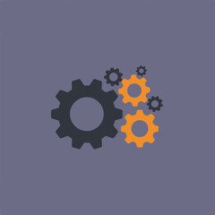 A tech-themed graphic on a grey-violet background features a large dark grey gear meshing with orange gears and smaller dark grey gears, symbolizing engineering.
