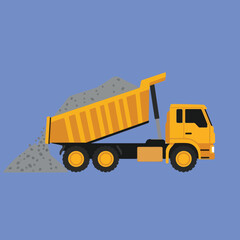 An illustration of a yellow dump truck tilted back and dumping gravel onto the ground against a light purple background.