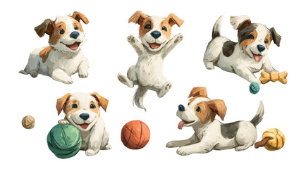 Happy Playful Dog Illustrations in Various Poses with Colorful Toys on Transparent Background
