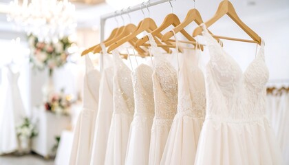 Elegant wedding gowns on hangers in a bridal shop
