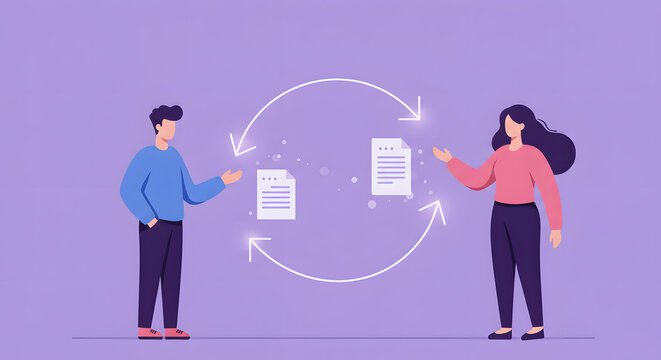 Document Exchange Illustration Featuring Two People and Arrows Suggesting a Smooth and Efficient Workflow on a Pastel Background for Business