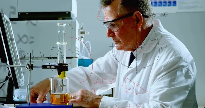 Senior male scientist turning burette stopcock and dropping solution for chemistry research logging