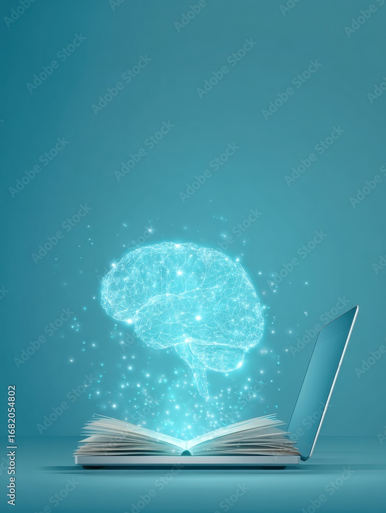 Aufkleber exploring the link between knowledge and creativity through a glowing brain above an open book on a 