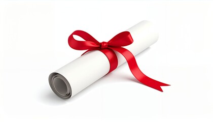 A rolled-up white diploma tied with a vibrant red ribbon, symbolizing achievement and success.
