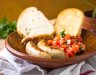 Grilled sausages, bread, and salsa on a plate