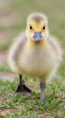 Obraz premium Adorable gosling wobbling on grass close up perfect for springtime themes