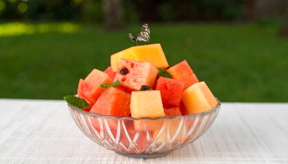 Freshly cut watermelon and cantaloupe cubes in a glass bowl, with mint leaves and butterflies