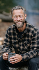 Fototapeta premium Bearded man enjoying campfire moment while holding coffee in nature setting