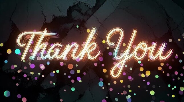 Vibrant neon "Thank You" glows with celebratory bokeh, creating a dynamic and festive atmosphere perfect for expressing gratitude in any project.