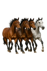 A collection of four horses running together high quality realistic image.
