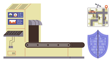 Conveyor system with control panel, navigation map and shield with binary, emphasizing process automation. Ideal for industry, technology, navigation, cybersecurity, manufacturing, data flow
