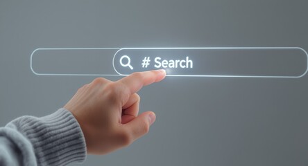 Fototapeta premium Hand pointing at digital search bar on screen, online searching concept