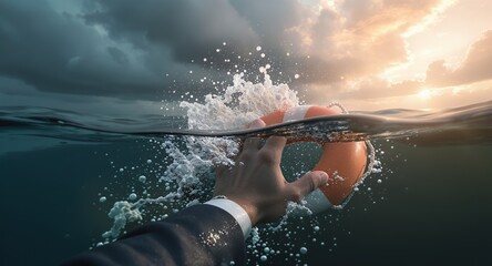 Hand Reaching for Lifebuoy in Stormy Sea, Hope, Rescue, Survival Concept
