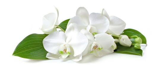 Obraz premium Close-up of a cluster of delicate white orchid blossoms with green leaves, isolated on a white background.