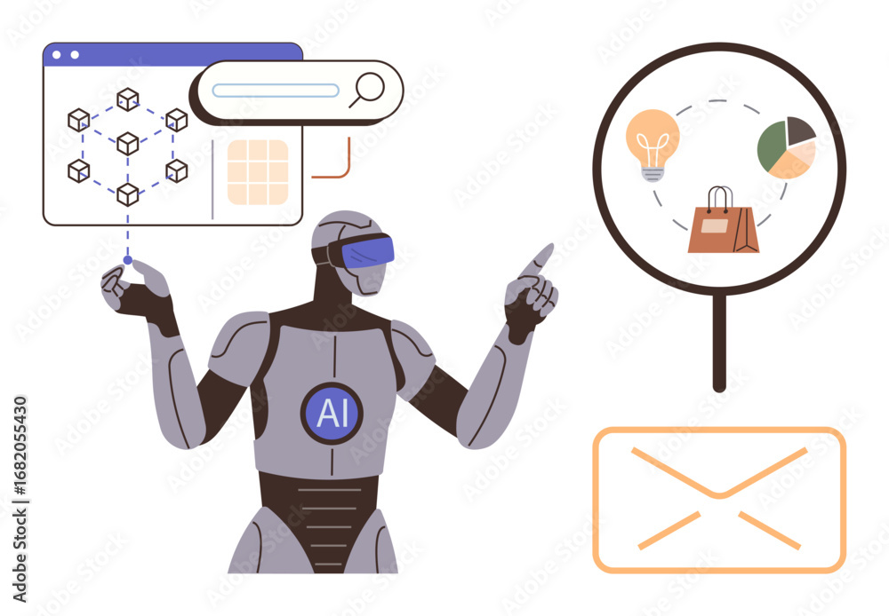 Aufkleber ai-powered robot interacting with data visualization, magnifying glass exploring insights, and email