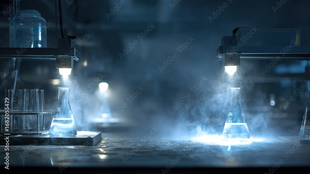 Poster Laboratory Setup With Glass Flasks and Fog Under Blue Light in a Science Experiment Environment During Evening Hours