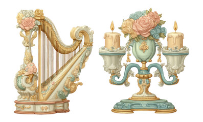 Elegant Floral Harp and Candle Holder Illustration with Soft Pastel Colors