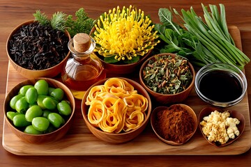 Powdered herbs and seeds beautifully presented high resolution picture