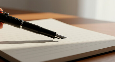 Hand holding a black fountain pen poised to write on a blank page of a notebook