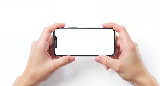 Hands holding smartphone with blank screen, mockup for app or website design