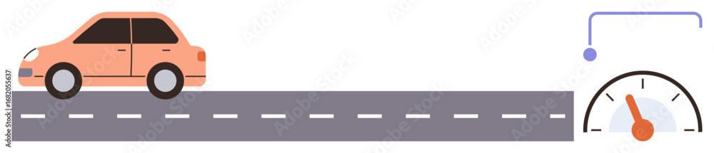 Poster orange car moving on a dashed line road, accompanied by a speedometer showing speed and acceleration