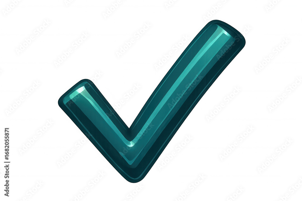 Poster glossy teal check mark rendering representing confirmation, success, validation on transparent surfa