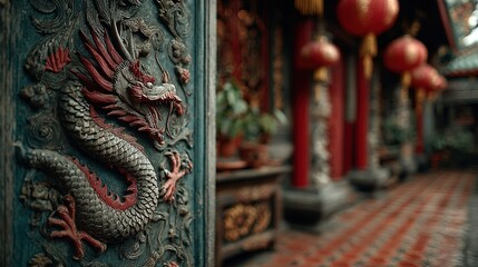 Obraz premium Carved dragon adorns a temple wall with red lanterns in the background.