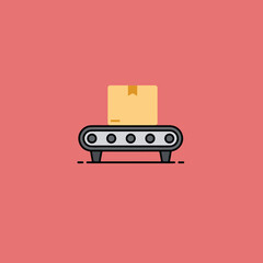This flat illustration shows a tan box on a conveyor belt on a coral background, creating a simple and symbolic delivery system image.
