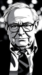 Illustration of Warren Buffett black & white tone black outline high constrast vertical