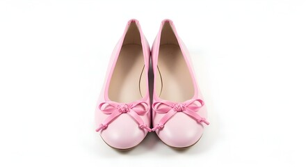 Flay lat of pink ballet flats with ribbon bow, white background