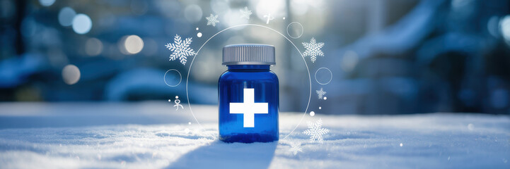 Blue medicine bottle with a white cross on snow, representing winter health care and treatment for cold and flu symptoms in a snowy scene