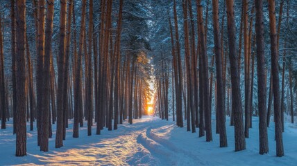 A snowy path through a dense pine forest at sunset creates a serene winter landscape with the sun shining through the tall trees
