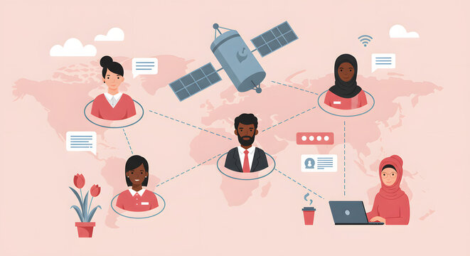 Global Connection and Communication Illustration Showing International Collaboration Through Satellite Technology and Diverse Remote Team Members Around the Globe