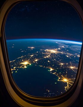Fototapeta Earth seen from airplane window at night