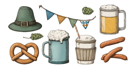 Vintage Beer Fest Elements with Pretzel, Hat, and Banner for Celebrations